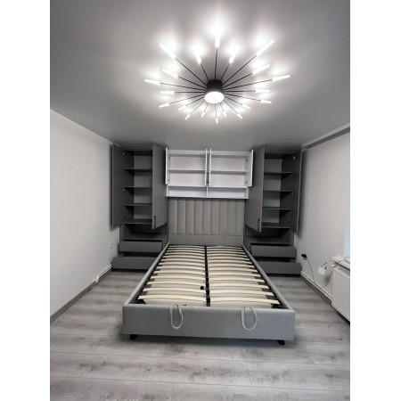 Mobilier dormitor modern cu pat tapițat, dulapuri laterale și corpuri suspendate  A-98